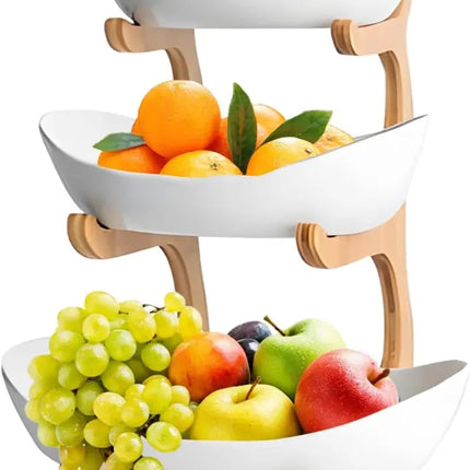 CARLA HOME 3-Tier Ceramic Fruit Bowl Basket with Bamboo Stand for Kitchen Counter, Snack Tray, Dessert Server & Vegetable Storage Rack-2042061535983046656