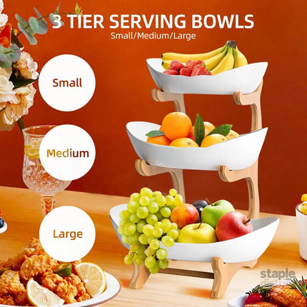 CARLA HOME 3-Tier Ceramic Fruit Bowl Basket with Bamboo Stand for Kitchen Counter, Snack Tray, Dessert Server & Vegetable Storage Rack-2042061535983046660