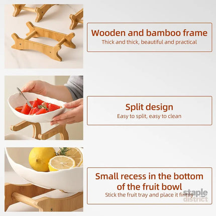 CARLA HOME 3-Tier Ceramic Fruit Bowl Basket with Bamboo Stand for Kitchen Counter, Snack Tray, Dessert Server & Vegetable Storage Rack-2042061535983046659