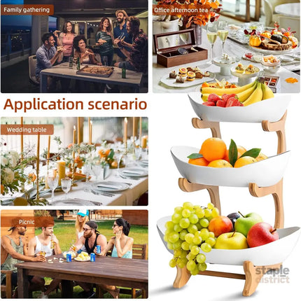 CARLA HOME 3-Tier Ceramic Fruit Bowl Basket with Bamboo Stand for Kitchen Counter, Snack Tray, Dessert Server & Vegetable Storage Rack-2042061535983046662