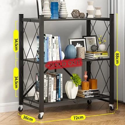 CARLA HOME 3-Tier Foldable Storage Shelf with Wheels for Kitchen, Garage, Pantry or Basement (Black)-2042061537539133442
