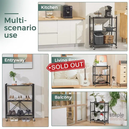 CARLA HOME 3-Tier Foldable Storage Shelf with Wheels for Kitchen, Garage, Pantry or Basement (Black)-2042061537539133441
