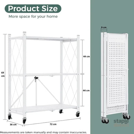 CARLA HOME 3-Tier Foldable Storage Shelf with Wheels for Kitchen, Garage, Pantry or Basement (White)-2042061537757237250