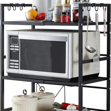 CARLA HOME 3-Tier Microwave Oven Rack with Adjustable Metal Kitchen Shelf Stand for Countertop Storage and 6 Hooks for Utensils-2042061552986755079
