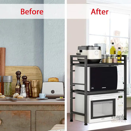 CARLA HOME 3-Tier Microwave Oven Rack with Adjustable Metal Kitchen Shelf Stand for Countertop Storage and 6 Hooks for Utensils-2042061552986755076