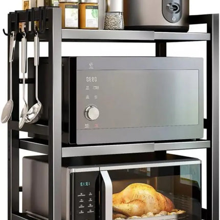 CARLA HOME 3-Tier Microwave Oven Rack with Adjustable Metal Kitchen Shelf Stand for Countertop Storage and 6 Hooks for Utensils-2042061552986755072