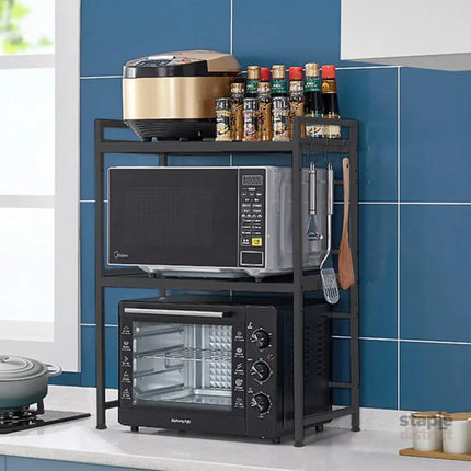 CARLA HOME 3-Tier Microwave Oven Rack with Adjustable Metal Kitchen Shelf Stand for Countertop Storage and 6 Hooks for Utensils-2042061552986755077