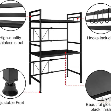CARLA HOME 3-Tier Microwave Oven Rack with Adjustable Metal Kitchen Shelf Stand for Countertop Storage and 6 Hooks for Utensils-2042061552986755075