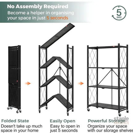 CARLA HOME 4-Tier Foldable Storage Shelf with Wheels for Kitchen, Garage, Pantry or Basement (Black)-2042061535421009923