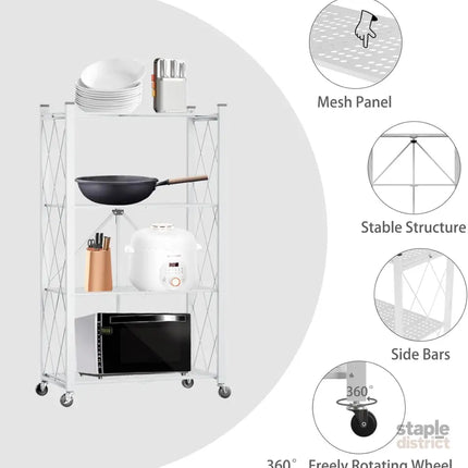 CARLA HOME 4-Tier Foldable Storage Shelf with Wheels for Kitchen, Garage, Pantry or Basement (White)-2042061537358778373
