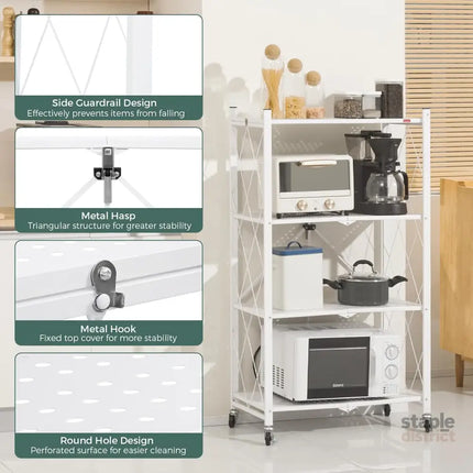CARLA HOME 4-Tier Foldable Storage Shelf with Wheels for Kitchen, Garage, Pantry or Basement (White)-2042061537358778372
