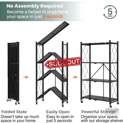 CARLA HOME 5-Tier Foldable Storage Shelf with Wheels for Kitchen, Garage, Pantry or Basement (Black)-2042061535018356739