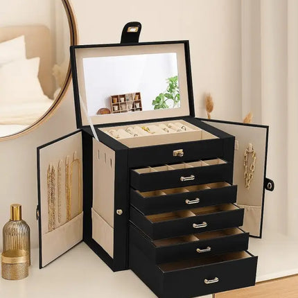 CARLA HOME 6-Layer Large Jewelry Box for Women with Drawers, Mirror, Lock, Necklace Hooks & Side Compartments for Rings, Earrings, Bracelets, Gifts (Black)-2042061565758410753