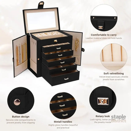 CARLA HOME 6-Layer Large Jewelry Box for Women with Drawers, Mirror, Lock, Necklace Hooks & Side Compartments for Rings, Earrings, Bracelets, Gifts (Black)-2042061565758410756