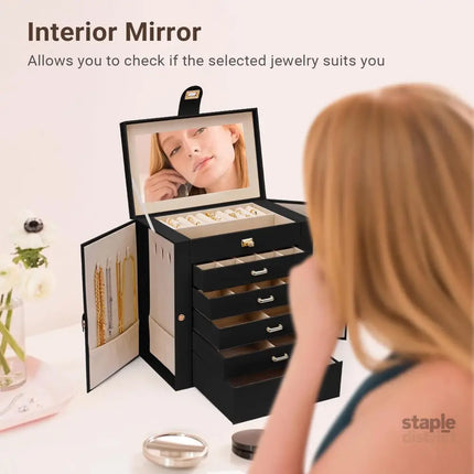 CARLA HOME 6-Layer Large Jewelry Box for Women with Drawers, Mirror, Lock, Necklace Hooks & Side Compartments for Rings, Earrings, Bracelets, Gifts (Black)-2042061565758410758
