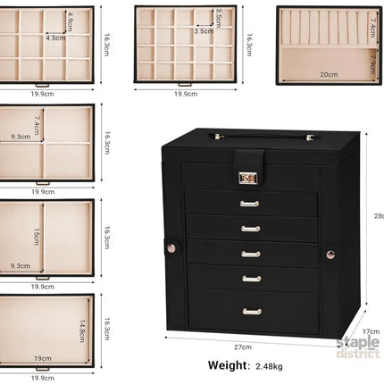 CARLA HOME 6-Layer Large Jewelry Box for Women with Drawers, Mirror, Lock, Necklace Hooks & Side Compartments for Rings, Earrings, Bracelets, Gifts (Black)-2042061565758410754