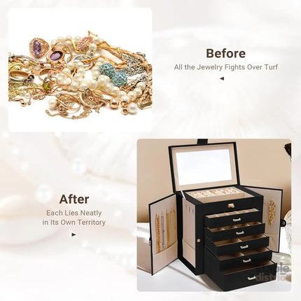 CARLA HOME 6-Layer Large Jewelry Box for Women with Drawers, Mirror, Lock, Necklace Hooks & Side Compartments for Rings, Earrings, Bracelets, Gifts (Black)-2042061565758410757