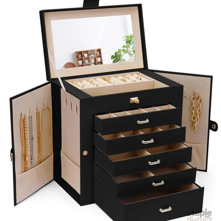 CARLA HOME 6-Layer Large Jewelry Box for Women with Drawers, Mirror, Lock, Necklace Hooks & Side Compartments for Rings, Earrings, Bracelets, Gifts (Black)-2042061565758410752