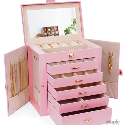 CARLA HOME 6-Layer Large Jewelry Box for Women with Drawers, Mirror, Lock, Necklace Hooks & Side Compartments for Rings, Earrings, Bracelets, Gifts (Pink)-2042061566165258240
