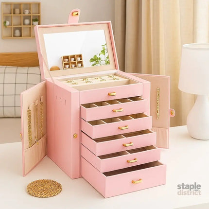 CARLA HOME 6-Layer Large Jewelry Box for Women with Drawers, Mirror, Lock, Necklace Hooks & Side Compartments for Rings, Earrings, Bracelets, Gifts (Pink)-2042061566165258241