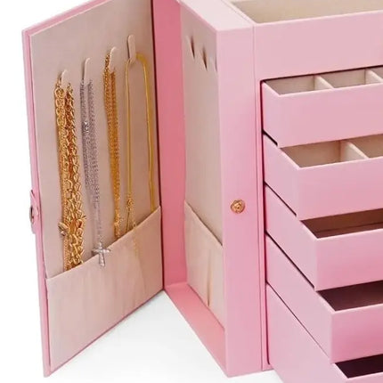 CARLA HOME 6-Layer Large Jewelry Box for Women with Drawers, Mirror, Lock, Necklace Hooks & Side Compartments for Rings, Earrings, Bracelets, Gifts (Pink)-2042061566165258247