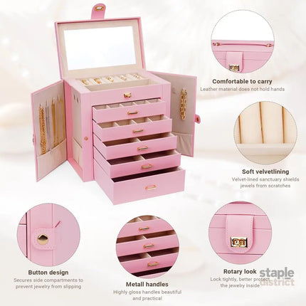 CARLA HOME 6-Layer Large Jewelry Box for Women with Drawers, Mirror, Lock, Necklace Hooks & Side Compartments for Rings, Earrings, Bracelets, Gifts (Pink)-2042061566165258244