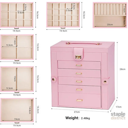 CARLA HOME 6-Layer Large Jewelry Box for Women with Drawers, Mirror, Lock, Necklace Hooks & Side Compartments for Rings, Earrings, Bracelets, Gifts (Pink)-2042061566165258242