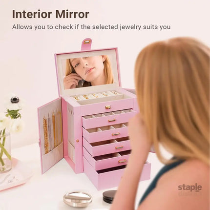 CARLA HOME 6-Layer Large Jewelry Box for Women with Drawers, Mirror, Lock, Necklace Hooks & Side Compartments for Rings, Earrings, Bracelets, Gifts (Pink)-2042061566165258246