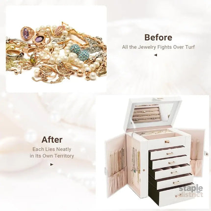 CARLA HOME 6-Layer Large Jewelry Box for Women with Drawers, Mirror, Lock, Necklace Hooks & Side Compartments for Rings, Earrings, Bracelets, Gifts (White)-2042061565959737350