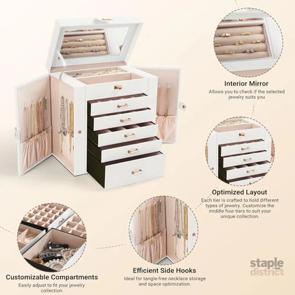 CARLA HOME 6-Layer Large Jewelry Box for Women with Drawers, Mirror, Lock, Necklace Hooks & Side Compartments for Rings, Earrings, Bracelets, Gifts (White)-2042061565959737349