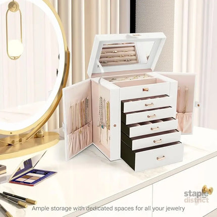 CARLA HOME 6-Layer Large Jewelry Box for Women with Drawers, Mirror, Lock, Necklace Hooks & Side Compartments for Rings, Earrings, Bracelets, Gifts (White)-2042061565959737347