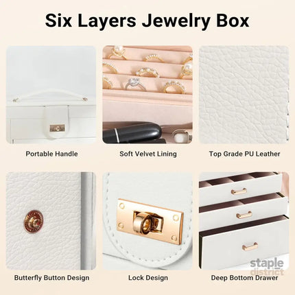 CARLA HOME 6-Layer Large Jewelry Box for Women with Drawers, Mirror, Lock, Necklace Hooks & Side Compartments for Rings, Earrings, Bracelets, Gifts (White)-2042061565959737348