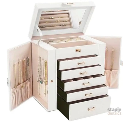 CARLA HOME 6-Layer Large Jewelry Box for Women with Drawers, Mirror, Lock, Necklace Hooks & Side Compartments for Rings, Earrings, Bracelets, Gifts (White)-2042061565959737344
