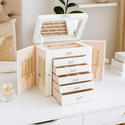CARLA HOME 6-Layer Large Jewelry Box for Women with Drawers, Mirror, Lock, Necklace Hooks & Side Compartments for Rings, Earrings, Bracelets, Gifts (White)-2042061565959737345