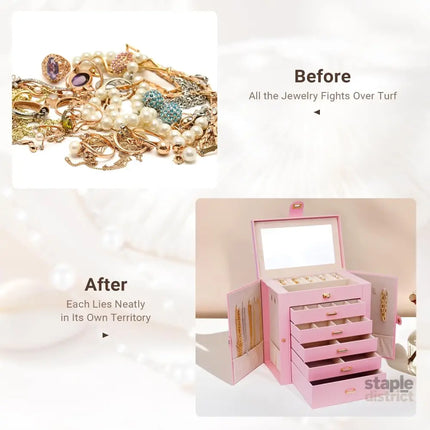 CARLA HOME 6-Layer Large Jewelry Box for Women with Drawers, Mirror, Lock, Necklace Hooks & Side Compartments for Rings, Earrings, Bracelets, Gifts (Pink)-2042061566165258245