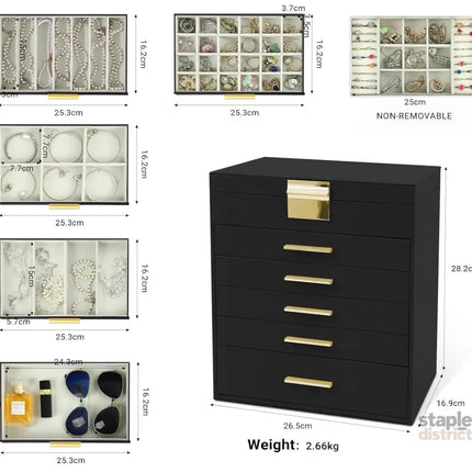 CARLA HOME  6-Layer Large Jewelry Organizer Box for Women with Mirror, Drawers, Hooks & Dividers for Rings, Necklaces, Bracelets, Ideal Gift for Women (Black)-2042061563237634050