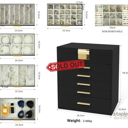 CARLA HOME 6-Layer Large Jewelry Organizer Box for Women with Mirror Drawers Hooks & Dividers for Rings Necklaces