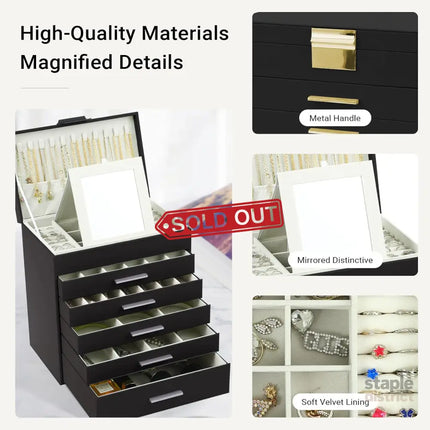 CARLA HOME 6-Layer Large Jewelry Organizer Box for Women with Mirror Drawers Hooks & Dividers for Rings Necklaces