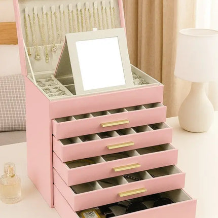 CARLA HOME  6-Layer Large Jewelry Organizer Box for Women with Mirror, Drawers, Hooks & Dividers for Rings, Necklaces, Bracelets, Ideal Gift for Women (Pink)-2042061563652870145