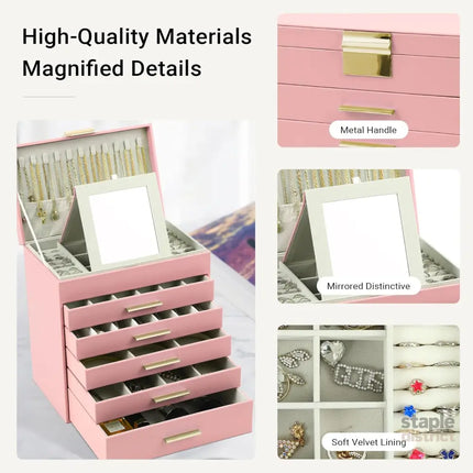 CARLA HOME  6-Layer Large Jewelry Organizer Box for Women with Mirror, Drawers, Hooks & Dividers for Rings, Necklaces, Bracelets, Ideal Gift for Women (Pink)-2042061563652870147