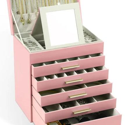 CARLA HOME  6-Layer Large Jewelry Organizer Box for Women with Mirror, Drawers, Hooks & Dividers for Rings, Necklaces, Bracelets, Ideal Gift for Women (Pink)-2042061563652870144