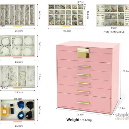 CARLA HOME  6-Layer Large Jewelry Organizer Box for Women with Mirror, Drawers, Hooks & Dividers for Rings, Necklaces, Bracelets, Ideal Gift for Women (Pink)-2042061563652870146