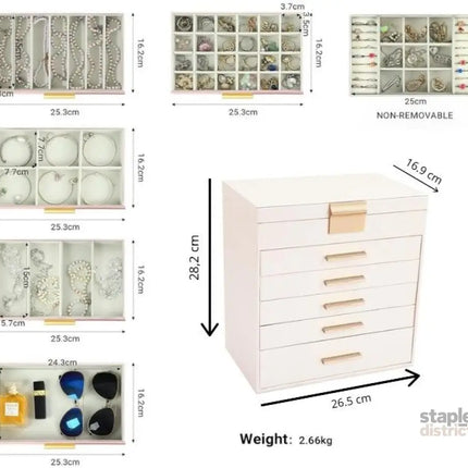 CARLA HOME  6-Layer Large Jewelry Organizer Box for Women with Mirror, Drawers, Hooks & Dividers for Rings, Necklaces, Bracelets, Ideal Gift for Women (White)-2042061563438960642