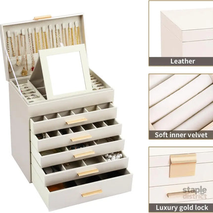 CARLA HOME  6-Layer Large Jewelry Organizer Box for Women with Mirror, Drawers, Hooks & Dividers for Rings, Necklaces, Bracelets, Ideal Gift for Women (White)-2042061563438960643
