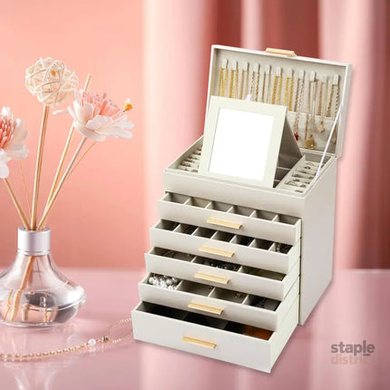CARLA HOME 6-Layer Large Jewelry Organizer Box for Women with Mirror Drawers Hooks & Dividers for Rings Necklaces