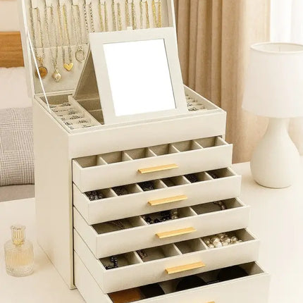 CARLA HOME 6-Layer Large Jewelry Organizer Box for Women with Mirror Drawers Hooks & Dividers for Rings Necklaces