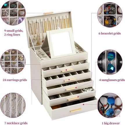 CARLA HOME 6-Layer Large Jewelry Organizer Box for Women with Mirror Drawers Hooks & Dividers for Rings Necklaces