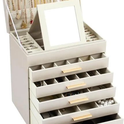 CARLA HOME 6-Layer Large Jewelry Organizer Box for Women with Mirror Drawers Hooks & Dividers for Rings Necklaces