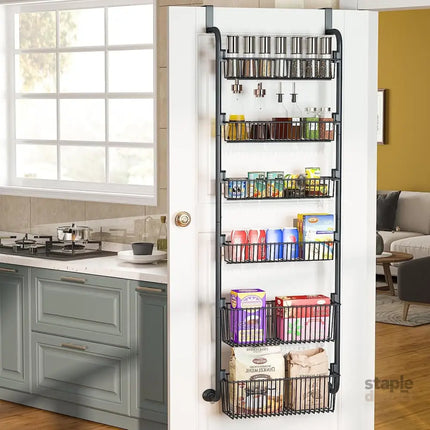 CARLA HOME 6-Tier Over the Door Organizer Heavy-Duty Metal Pantry Rack with Hanging Baskets for Home Kitchen Storage & Bathroom Door Organization (Black)-2050057511456870400