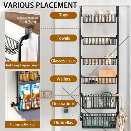 CARLA HOME 6-Tier Over the Door Organizer Heavy-Duty Metal Pantry Rack with Hanging Baskets for Home Kitchen Storage & Bathroom Door Organization (Black)-2050057511456870403